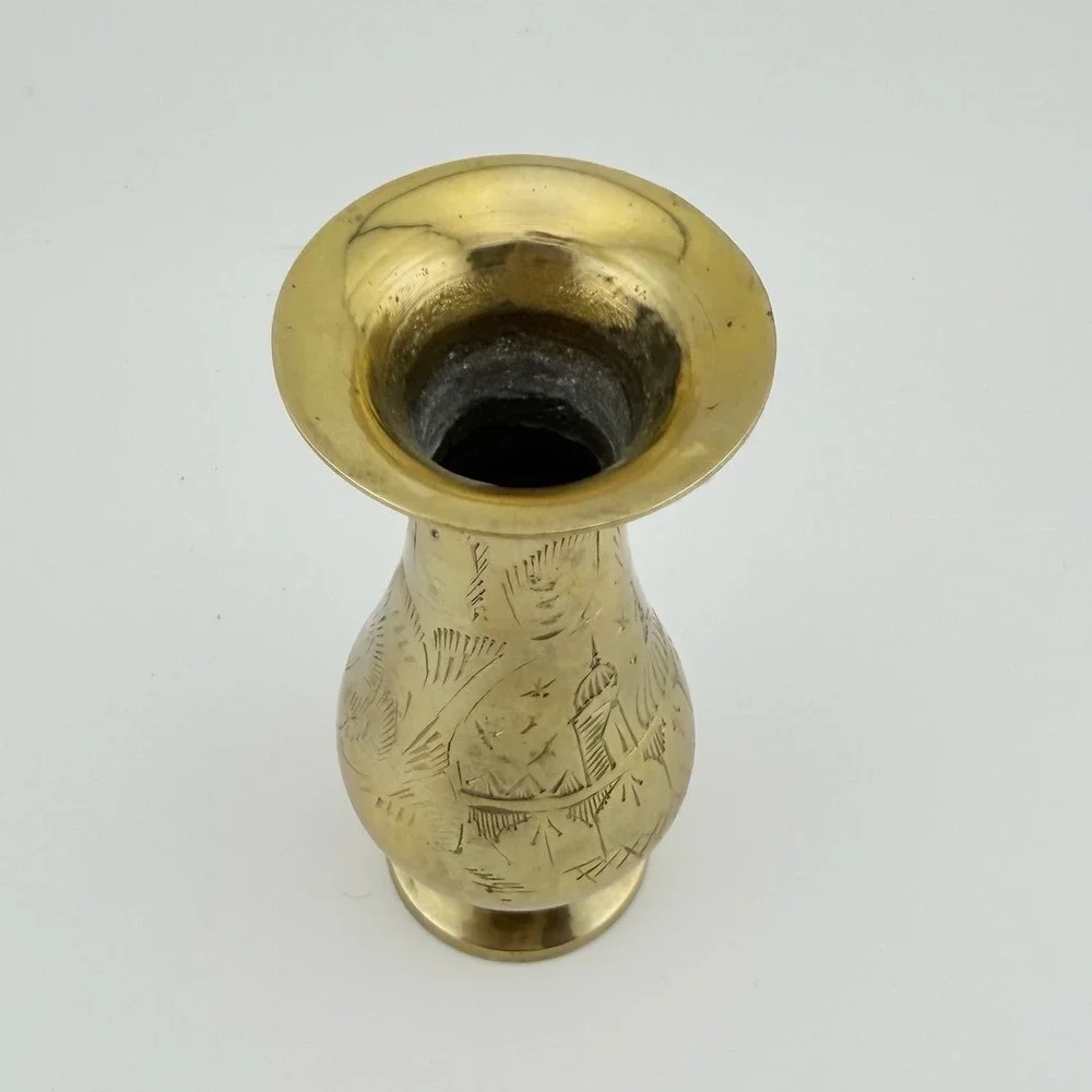 Small Gold Tone Etched Brass Bud Vase Scenic Hand Engraved Decor
